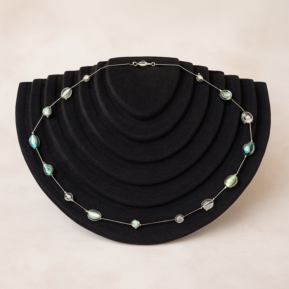 💎 Vintage Sterling Silver & Murano-Style Art Glass Necklace – Aqua & Teal Beads